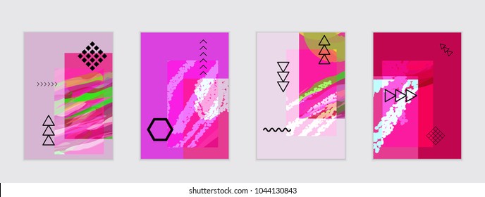 Set of artistic abstract universal card templates with simple geometric shapes and hand drawn doodle texture. Social media web banner. Bright colored isolated on white background cover template.