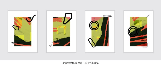 Set of artistic abstract universal card templates with simple geometric shapes and hand drawn doodle texture. Social media web banner. Bright colored isolated on white background cover template.