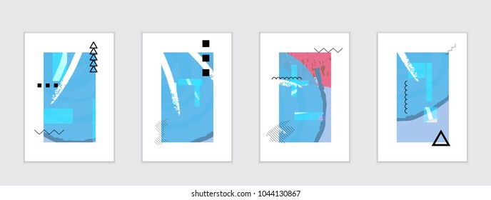 Set of artistic abstract universal card templates with simple geometric shapes and hand drawn doodle texture. Social media web banner. Bright colored isolated on white background cover template.