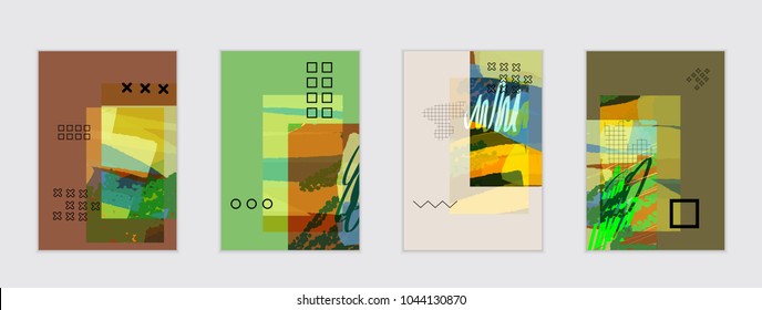 Set of artistic abstract universal card templates with simple geometric shapes and hand drawn doodle texture. Social media web banner. Bright colored isolated on white background cover template.