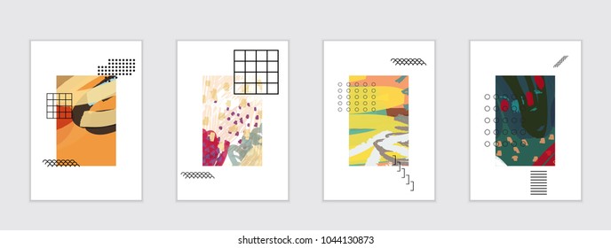 Set of artistic abstract universal card templates with simple geometric shapes and hand drawn doodle texture. Social media web banner. Bright colored isolated on white background cover template.
