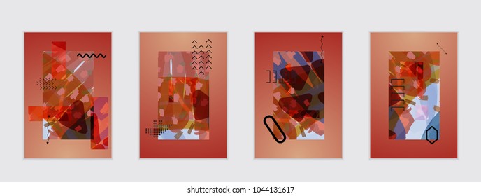 Set of artistic abstract universal card templates with simple geometric shapes and hand drawn doodle texture. Social media web banner. Bright colored isolated on white background cover template.