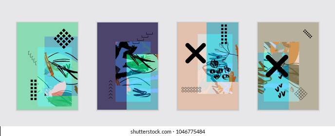 Set of artistic abstract universal card templates with simple geometric shapes and hand drawn doodle texture. Social media web banner. Bright colored isolated on white background cover template.