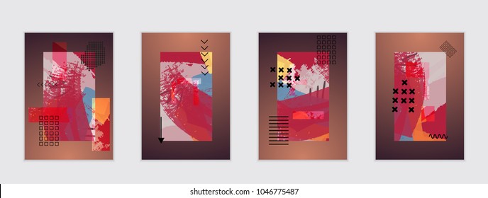 Set of artistic abstract universal card templates with simple geometric shapes and hand drawn doodle texture. Social media web banner. Bright colored isolated on white background cover template.