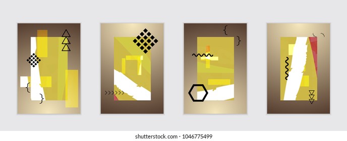 Set of artistic abstract universal card templates with simple geometric shapes and hand drawn doodle texture. Social media web banner. Bright colored isolated on white background cover template.