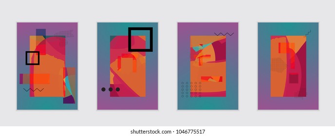 Set of artistic abstract universal card templates with simple geometric shapes and hand drawn doodle texture. Social media web banner. Bright colored isolated on white background cover template.