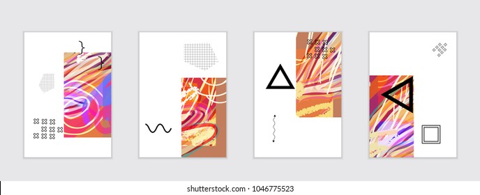 Set of artistic abstract universal card templates with simple geometric shapes and hand drawn doodle texture. Social media web banner. Bright colored isolated on white background cover template.