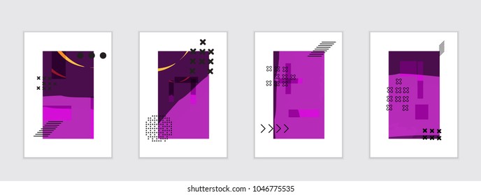 Set of artistic abstract universal card templates with simple geometric shapes and hand drawn doodle texture. Social media web banner. Bright colored isolated on white background cover template.
