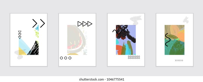 Set of artistic abstract universal card templates with simple geometric shapes and hand drawn doodle texture. Social media web banner. Bright colored isolated on white background cover template.