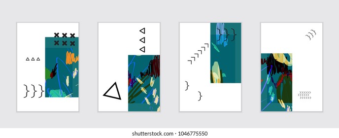 Set of artistic abstract universal card templates with simple geometric shapes and hand drawn doodle texture. Social media web banner. Bright colored isolated on white background cover template.