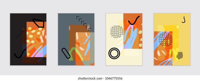 Set of artistic abstract universal card templates with simple geometric shapes and hand drawn doodle texture. Social media web banner. Bright colored isolated on white background cover template.