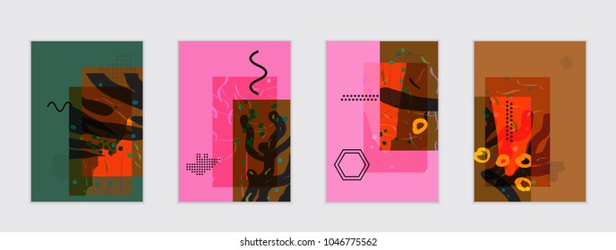 Set of artistic abstract universal card templates with simple geometric shapes and hand drawn doodle texture. Social media web banner. Bright colored isolated on white background cover template.