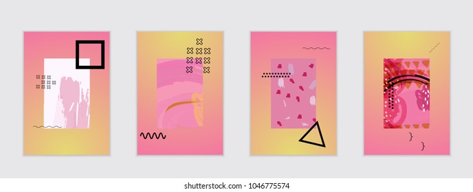 Set of artistic abstract universal card templates with simple geometric shapes and hand drawn doodle texture. Social media web banner. Bright colored isolated on white background cover template.