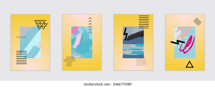Set of artistic abstract universal card templates with simple geometric shapes and hand drawn doodle texture. Social media web banner. Bright colored isolated on white background cover template.