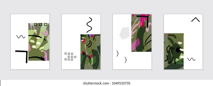 Set of artistic abstract universal card templates with simple geometric shapes and hand drawn doodle texture. Social media web banner. Bright colored isolated on white background cover template.