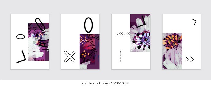 Set of artistic abstract universal card templates with simple geometric shapes and hand drawn doodle texture. Social media web banner. Bright colored isolated on white background cover template.