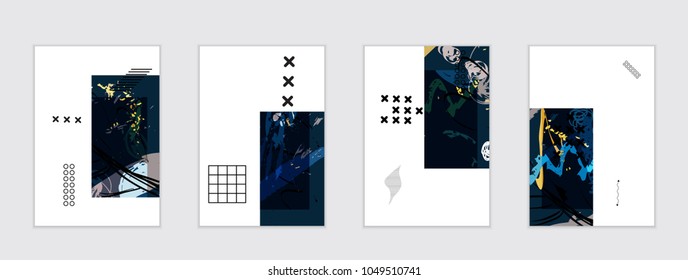 Set of artistic abstract universal card templates with simple geometric shapes and hand drawn doodle texture. Social media web banner. Bright colored isolated on white background cover template.