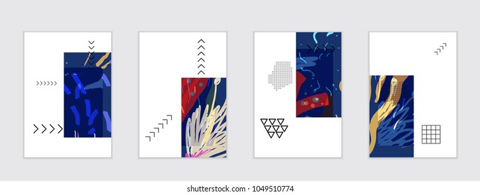 Set of artistic abstract universal card templates with simple geometric shapes and hand drawn doodle texture. Social media web banner. Bright colored isolated on white background cover template.