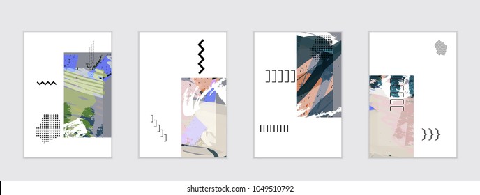 Set of artistic abstract universal card templates with simple geometric shapes and hand drawn doodle texture. Social media web banner. Bright colored isolated on white background cover template.