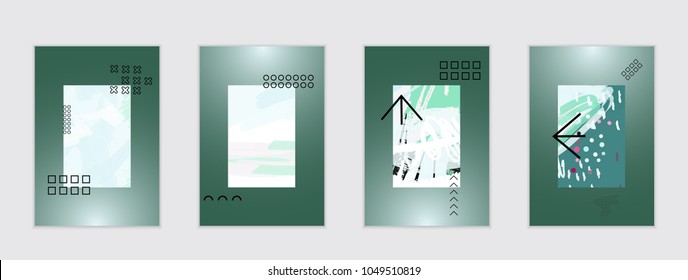 Set of artistic abstract universal card templates with simple geometric shapes and hand drawn doodle texture. Social media web banner. Bright colored isolated on white background cover template.