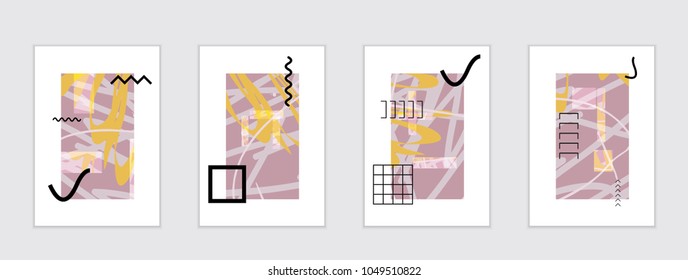 Set of artistic abstract universal card templates with simple geometric shapes and hand drawn doodle texture. Social media web banner. Bright colored isolated on white background cover template.