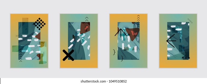 Set of artistic abstract universal card templates with simple geometric shapes and hand drawn doodle texture. Social media web banner. Bright colored isolated on white background cover template.