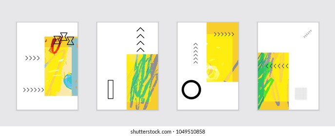 Set of artistic abstract universal card templates with simple geometric shapes and hand drawn doodle texture. Social media web banner. Bright colored isolated on white background cover template.