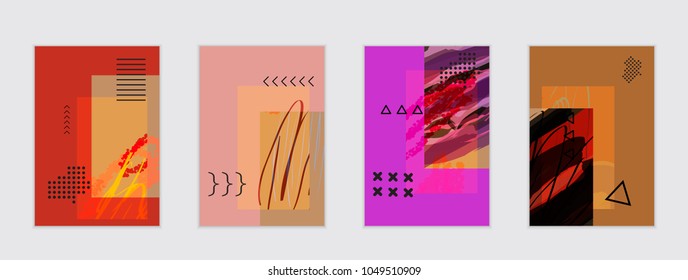 Set of artistic abstract universal card templates with simple geometric shapes and hand drawn doodle texture. Social media web banner. Bright colored isolated on white background cover template.