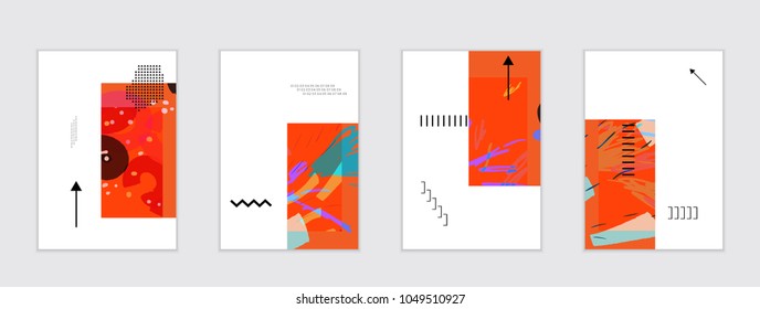 Set of artistic abstract universal card templates with simple geometric shapes and hand drawn doodle texture. Social media web banner. Bright colored isolated on white background cover template.