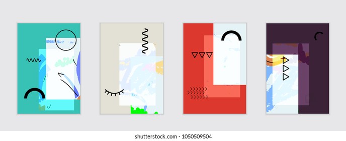 Set of artistic abstract universal card templates with simple geometric shapes and hand drawn doodle texture. Social media web banner. Bright colored isolated on white background cover template.