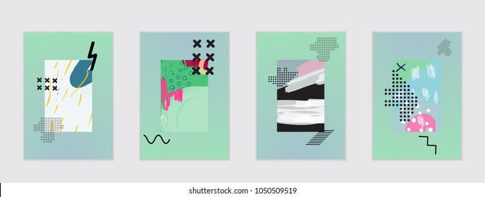 Set of artistic abstract universal card templates with simple geometric shapes and hand drawn doodle texture. Social media web banner. Bright colored isolated on white background cover template.