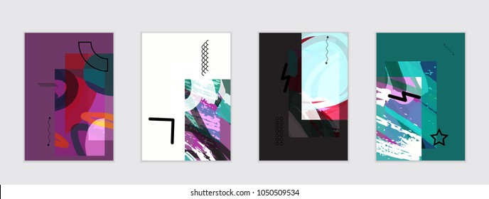 Set of artistic abstract universal card templates with simple geometric shapes and hand drawn doodle texture. Social media web banner. Bright colored isolated on white background cover template.