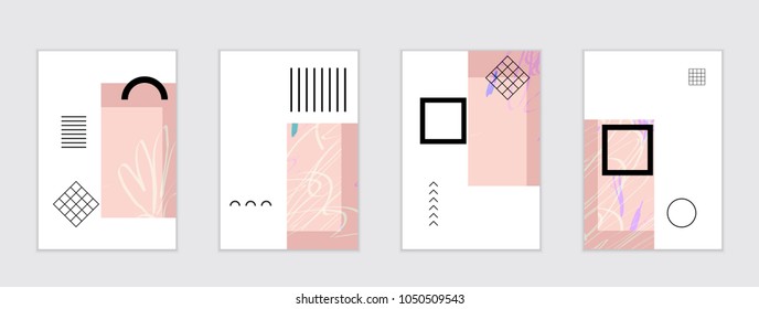 Set of artistic abstract universal card templates with simple geometric shapes and hand drawn doodle texture. Social media web banner. Bright colored isolated on white background cover template.