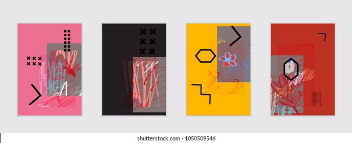 Set of artistic abstract universal card templates with simple geometric shapes and hand drawn doodle texture. Social media web banner. Bright colored isolated on white background cover template.