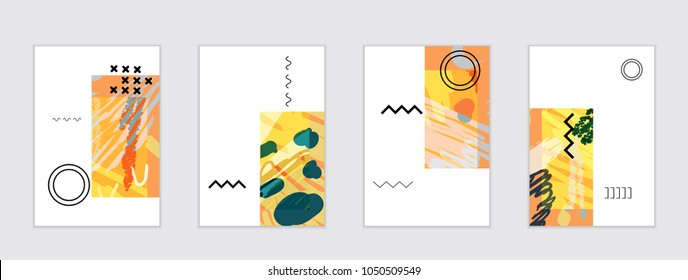 Set of artistic abstract universal card templates with simple geometric shapes and hand drawn doodle texture. Social media web banner. Bright colored isolated on white background cover template.