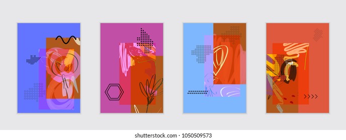 Set of artistic abstract universal card templates with simple geometric shapes and hand drawn doodle texture. Social media web banner. Bright colored isolated on white background cover template.