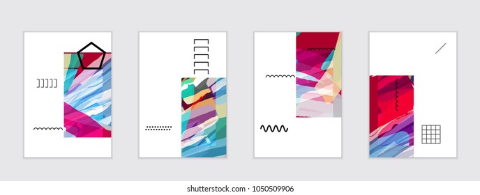 Set of artistic abstract universal card templates with simple geometric shapes and hand drawn doodle texture. Social media web banner. Bright colored isolated on white background cover template.