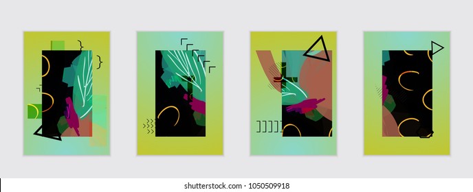 Set of artistic abstract universal card templates with simple geometric shapes and hand drawn doodle texture. Social media web banner. Bright colored isolated on white background cover template.