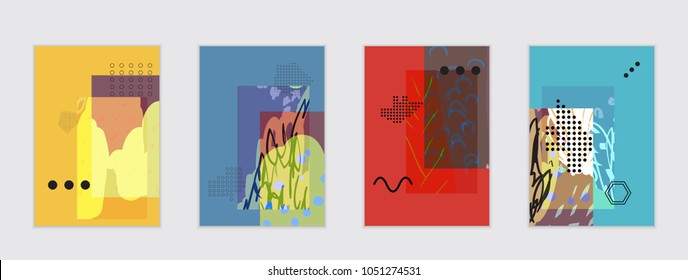 Set of artistic abstract universal card templates with simple geometric shapes and hand drawn doodle texture. Social media web banner. Bright colored isolated on white background cover template.