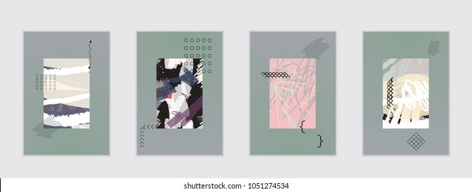 Set of artistic abstract universal card templates with simple geometric shapes and hand drawn doodle texture. Social media web banner. Bright colored isolated on white background cover template.