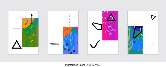 Set of artistic abstract universal card templates with simple geometric shapes and hand drawn doodle texture. Social media web banner. Bright colored isolated on white background cover template.