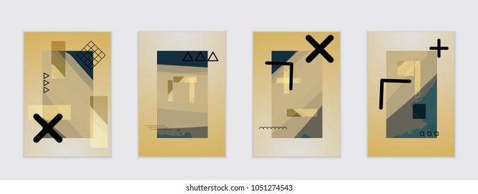 Set of artistic abstract universal card templates with simple geometric shapes and hand drawn doodle texture. Social media web banner. Bright colored isolated on white background cover template.