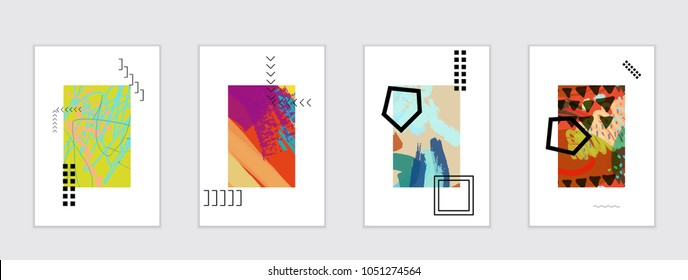 Set of artistic abstract universal card templates with simple geometric shapes and hand drawn doodle texture. Social media web banner. Bright colored isolated on white background cover template.