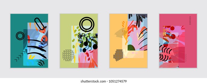 Set of artistic abstract universal card templates with simple geometric shapes and hand drawn doodle texture. Social media web banner. Bright colored isolated on white background cover template.