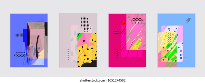 Set of artistic abstract universal card templates with simple geometric shapes and hand drawn doodle texture. Social media web banner. Bright colored isolated on white background cover template.