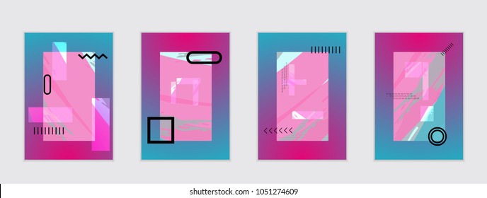 Set of artistic abstract universal card templates with simple geometric shapes and hand drawn doodle texture. Social media web banner. Bright colored isolated on white background cover template.