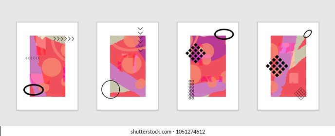 Set of artistic abstract universal card templates with simple geometric shapes and hand drawn doodle texture. Social media web banner. Bright colored isolated on white background cover template.
