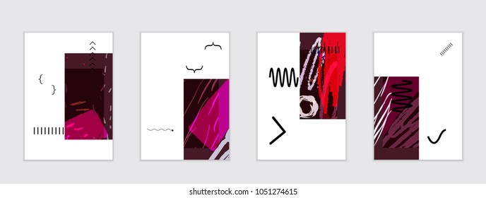Set of artistic abstract universal card templates with simple geometric shapes and hand drawn doodle texture. Social media web banner. Bright colored isolated on white background cover template.
