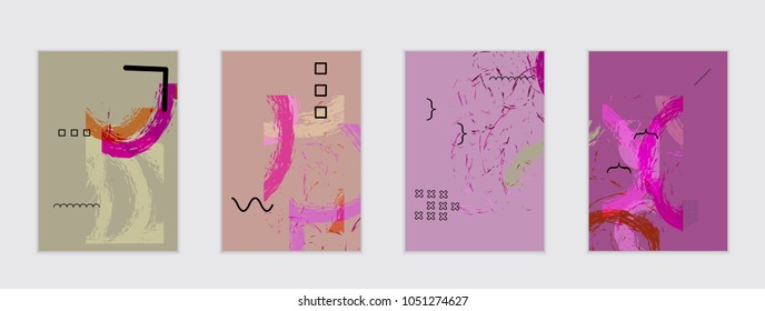 Set of artistic abstract universal card templates with simple geometric shapes and hand drawn doodle texture. Social media web banner. Bright colored isolated on white background cover template.