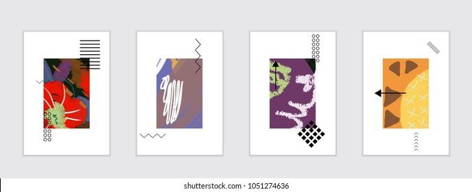 Set of artistic abstract universal card templates with simple geometric shapes and hand drawn doodle texture. Social media web banner. Bright colored isolated on white background cover template.